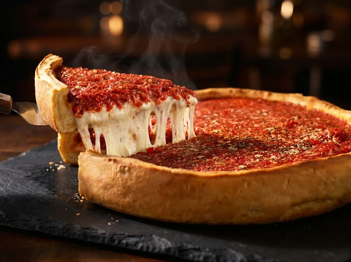 A halal Chicago deep dish pie being lifted out of the pan