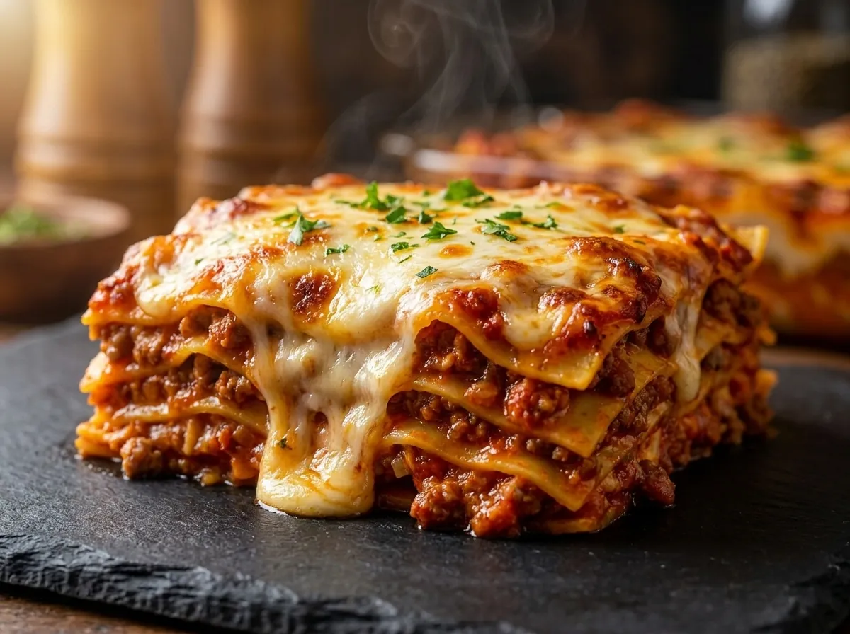 A tray of homemade halal lasagna ready for catering in Irving, Texas