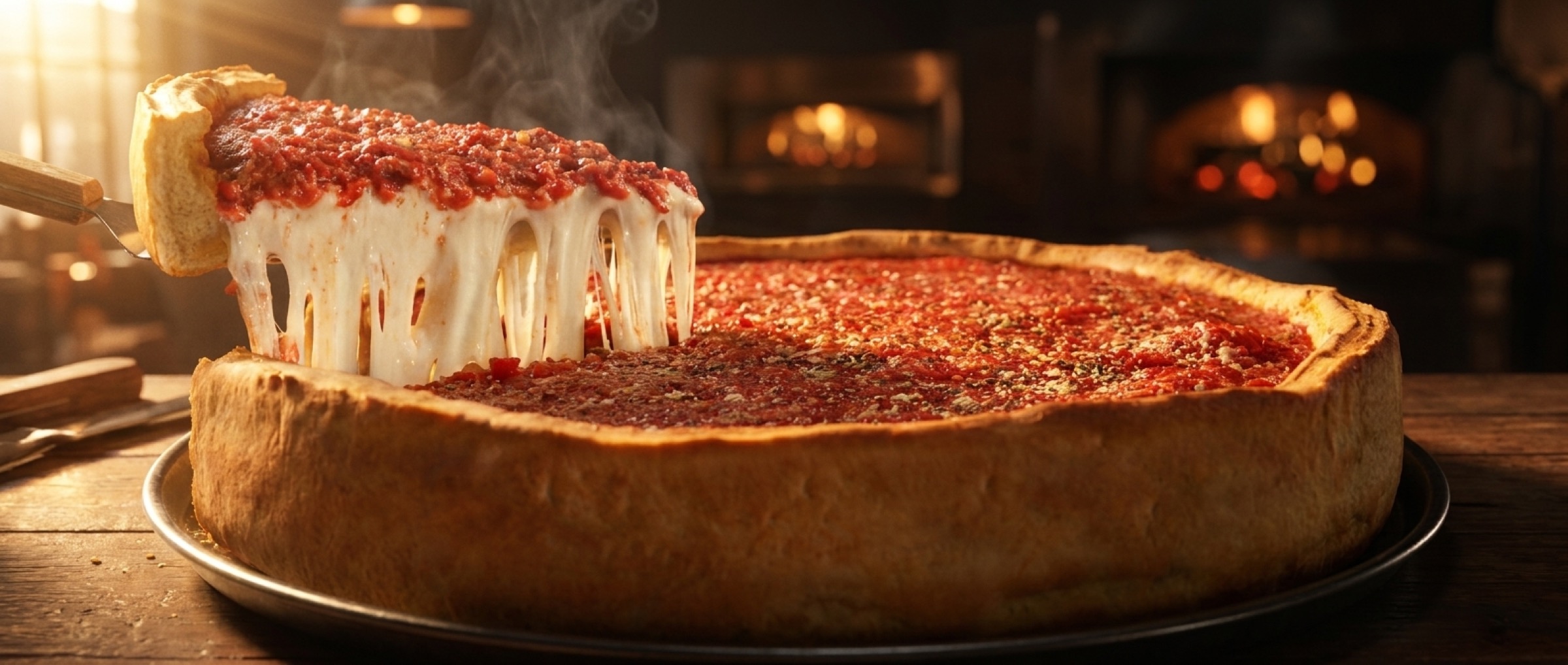 A halal Chicago style deep dish pie, cut and pulling cheese, at Chicago Pizza and Pasta in Irving, Texas