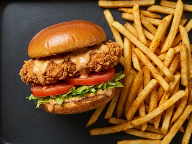 Crispy Chicken Burger with Fries from Chicago Pizza and Pasta in Irving, Texas
